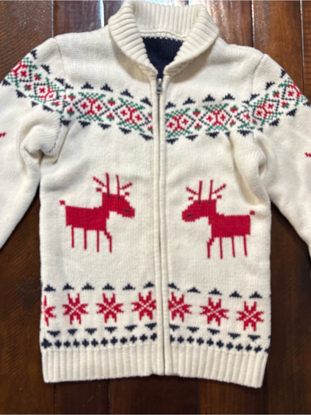 Hanna Andersson Cream Zip-Front Holiday Reindeer Knit Jacket size 8-10